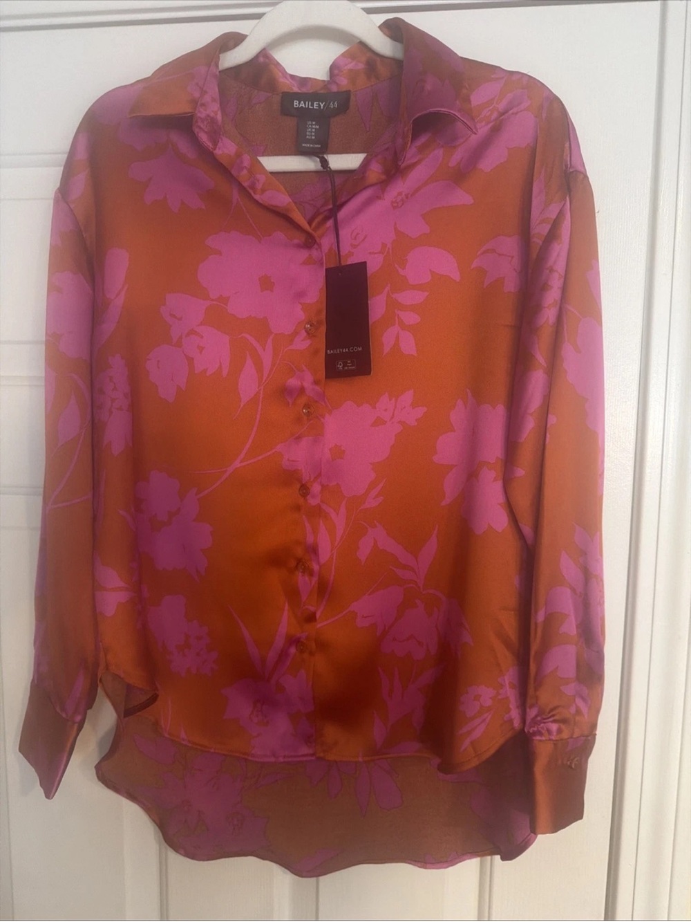 Bailey 44 Orange Satin Button-Down with Pink Floral Print